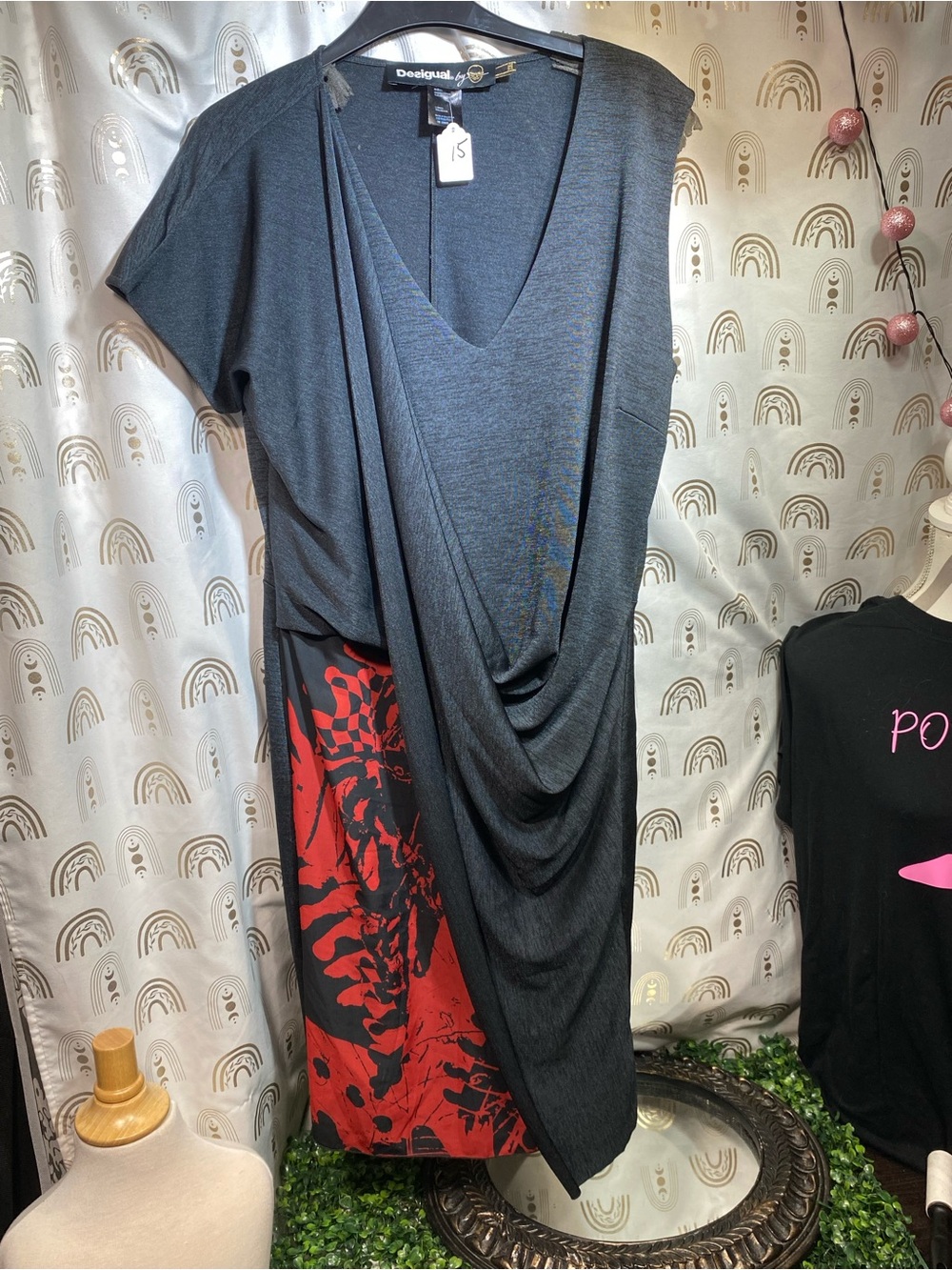 Desigual Black and Red Draped V-Neck Tunic Dress